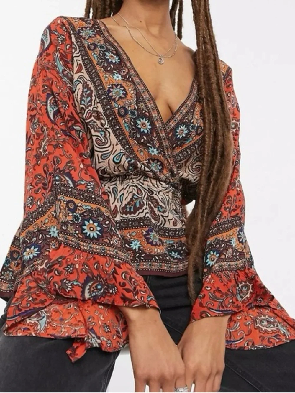 Free People Rosalie Boho Paisley Wrap Front Blouse Size Small 57069